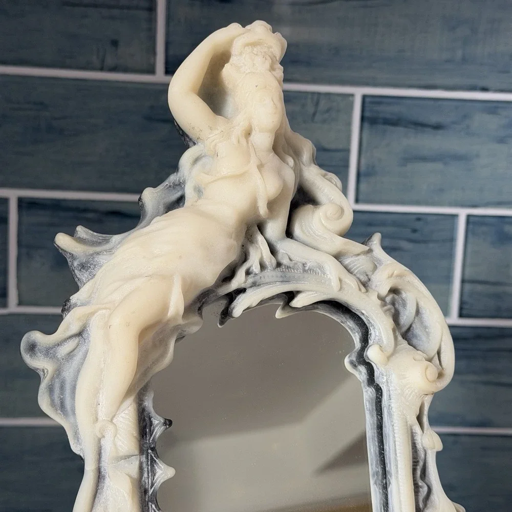 Antique Baroque Style Incolay Stone Vanity Mirror Woman Cherub Art Nouveau